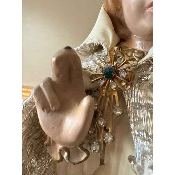 Vintage Infant Jesus of Prague Statue Spanish Olot Chalkware Silver Brocade - Picture 7 of 16